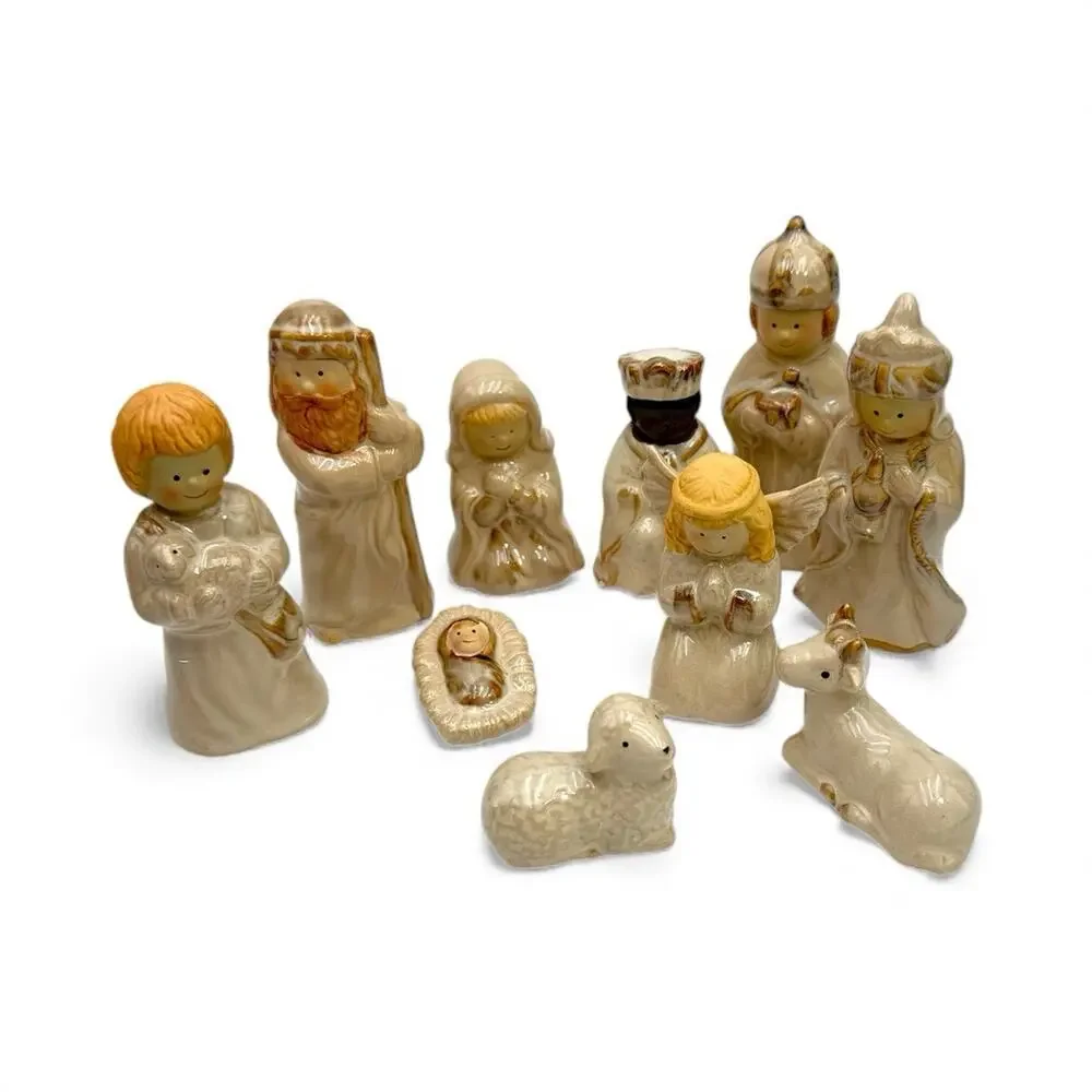 Nativity Scene Glazed Ceramic 10 Piece Set NO Wooden Base Kirklands VGC‎ Vintage